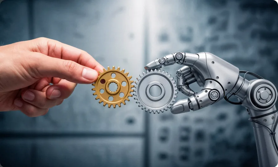 A human hand and a robotic hand connecting gears