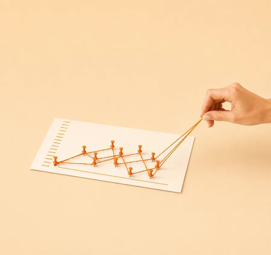 A hand pulling a string connecting pins plotted on a chart, like a pinned campaign plan