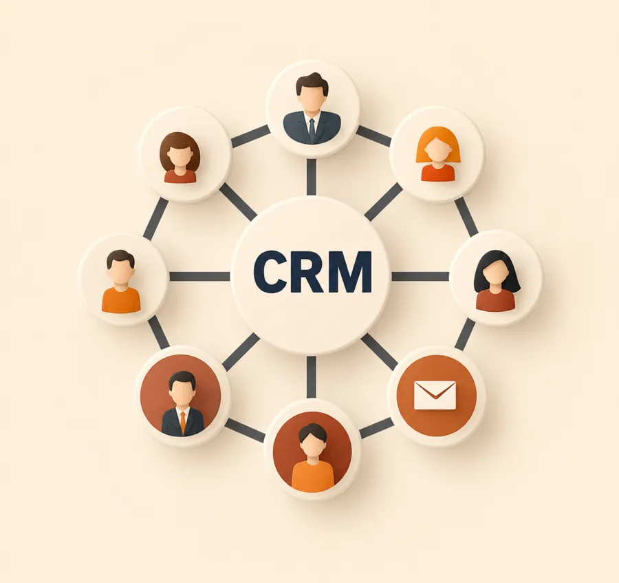 Contact avatar icons connected in a network radiating from a central CRM hub