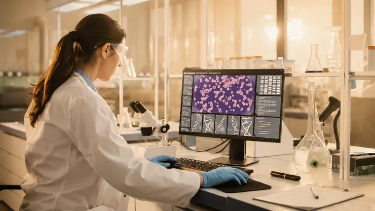 A researcher analysing clinical data on screen