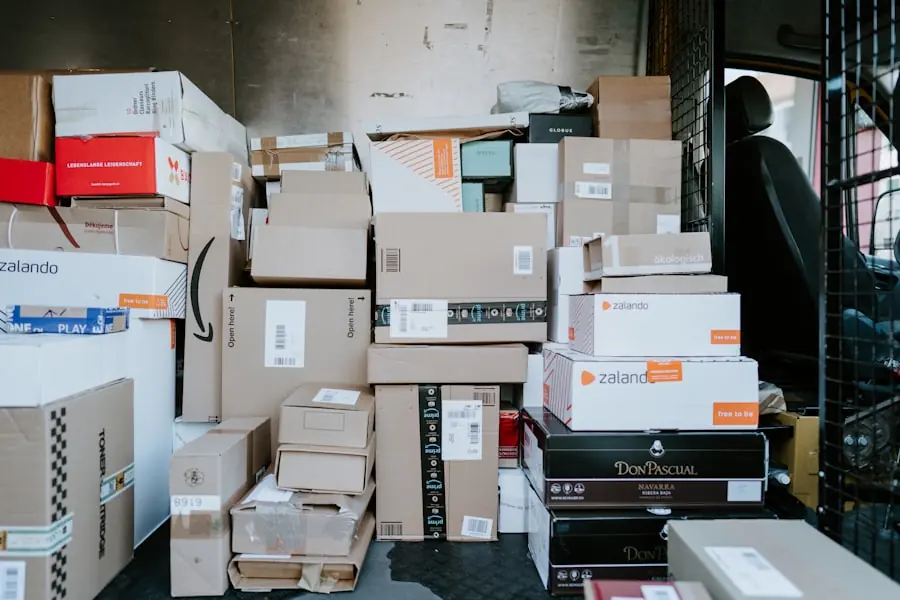 Parcels carrying a dozen different retailer brands stacked together in a delivery van