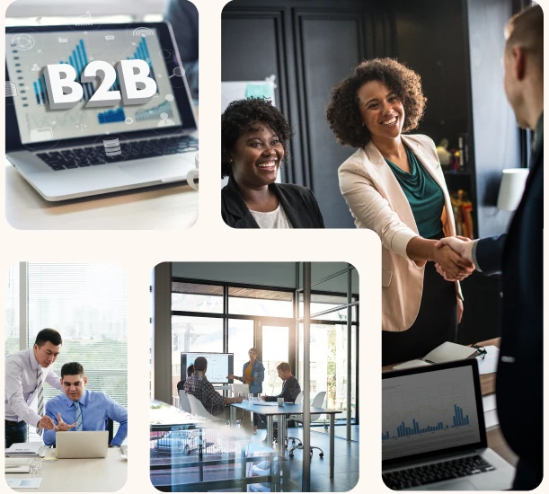 Collage of Voxturr B2B marketing teams at work: a performance dashboard, a client handshake, a growth-plan review and a strategy session
