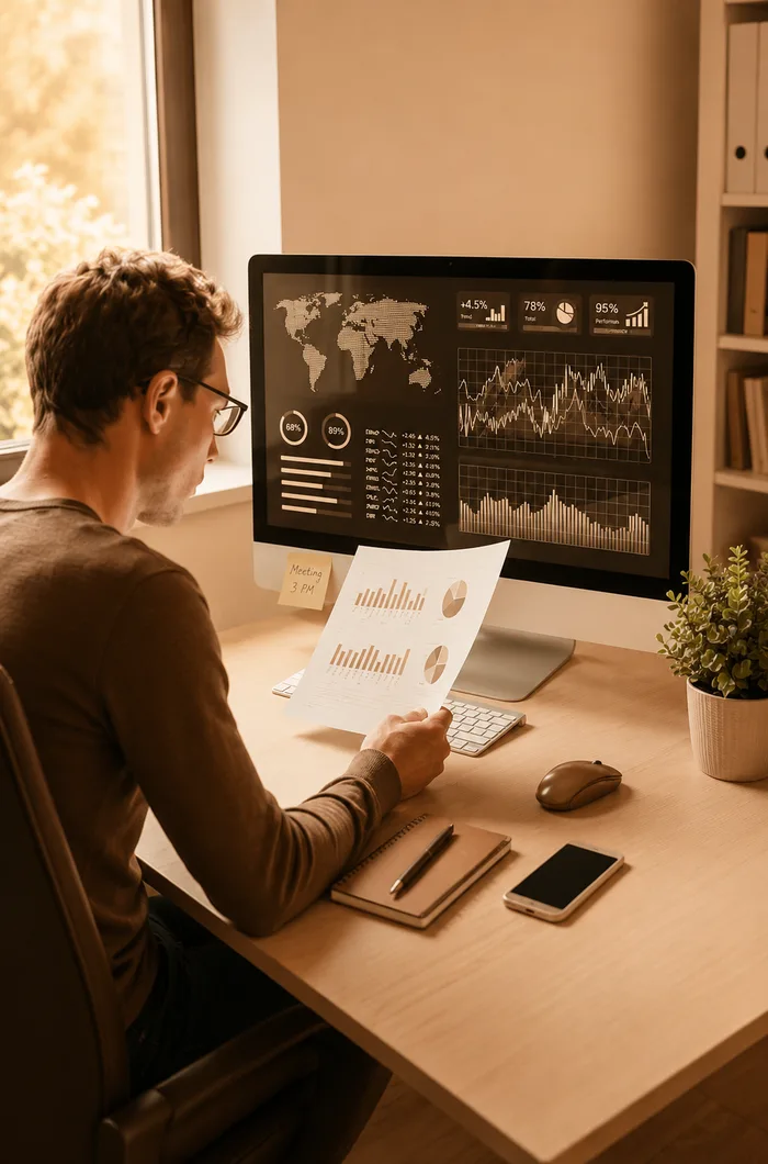 Analyst reviewing connected business dashboards on a desktop