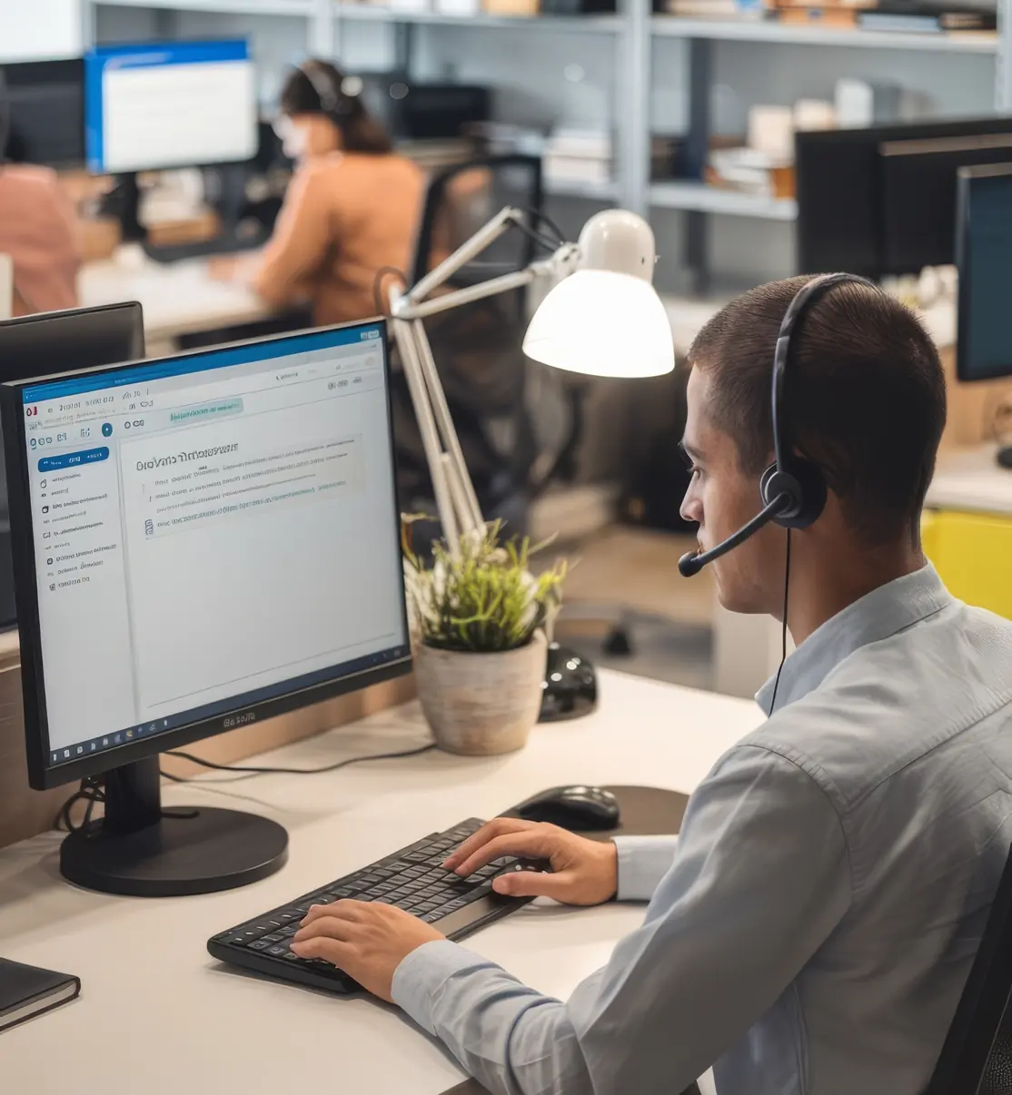 A Voxturr support specialist wearing a headset works at a desk in the open-plan office