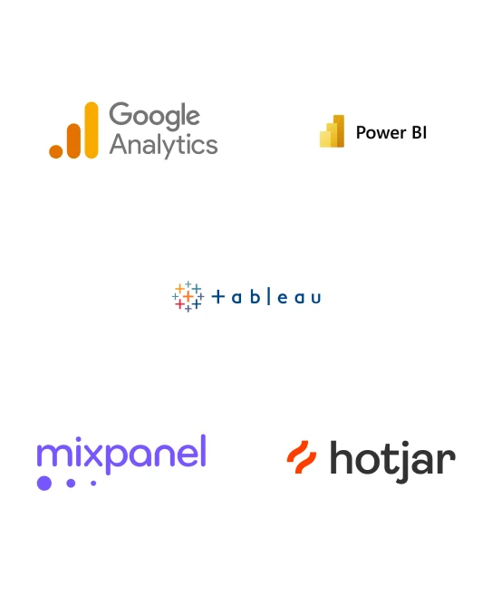 Analytics and reporting: Google Analytics, Power BI, Tableau, Mixpanel, Hotjar