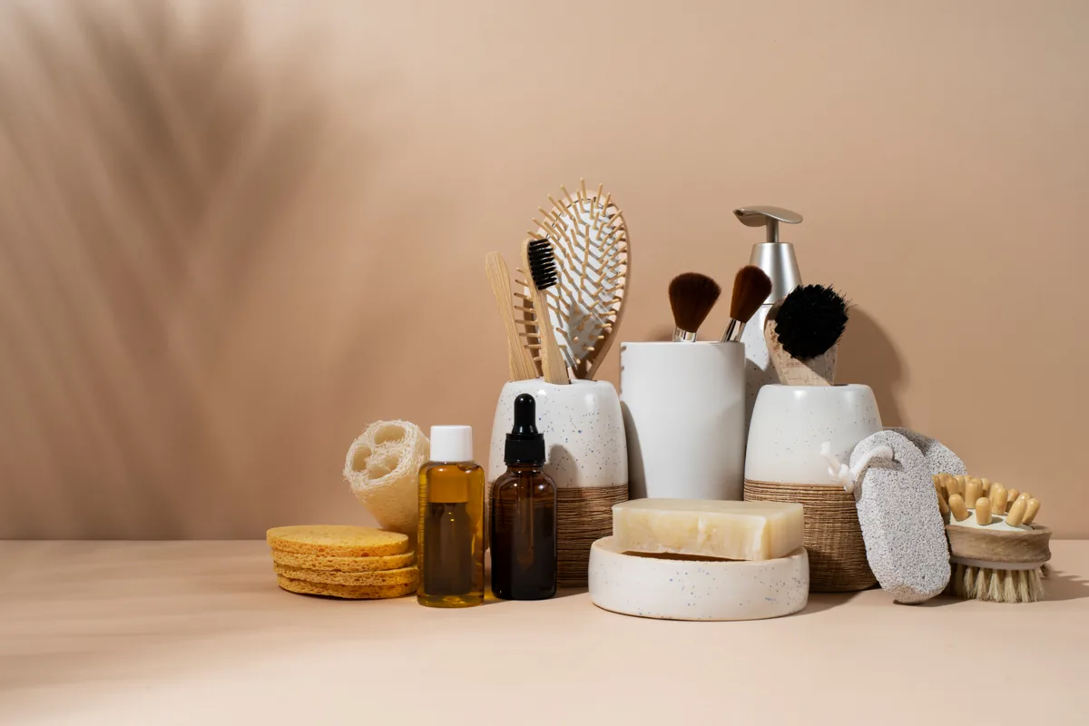 Beauty and personal care products styled on a table