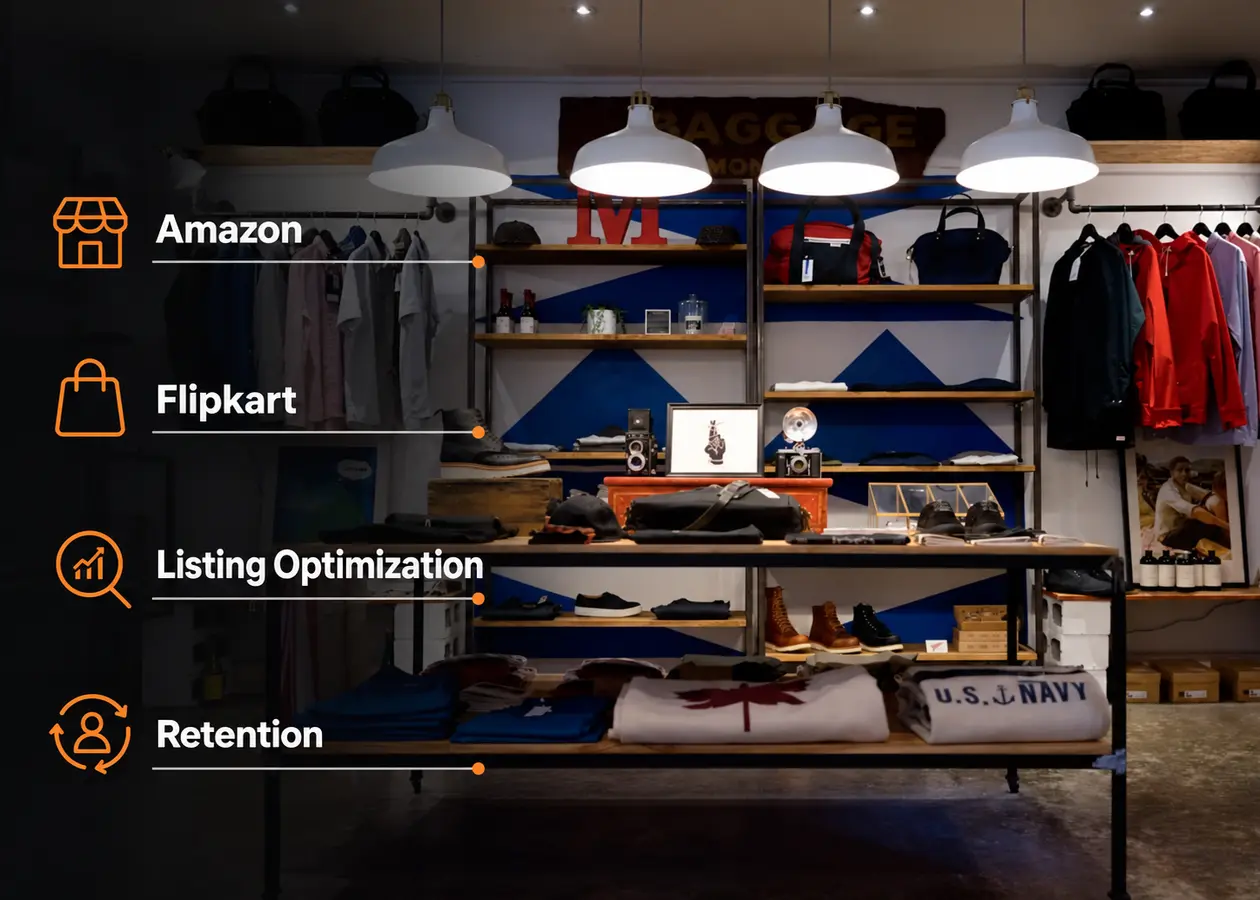 A retail store interior, labelled with the marketplace work: Amazon, Flipkart, listing optimisation and retention