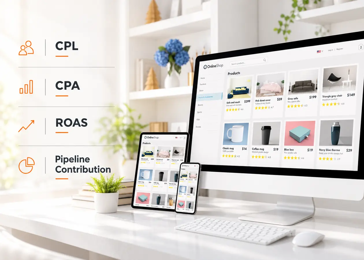 An online storefront on desktop, tablet and phone, labelled with the numbers the work is judged on: CPL, CPA, ROAS and pipeline contribution
