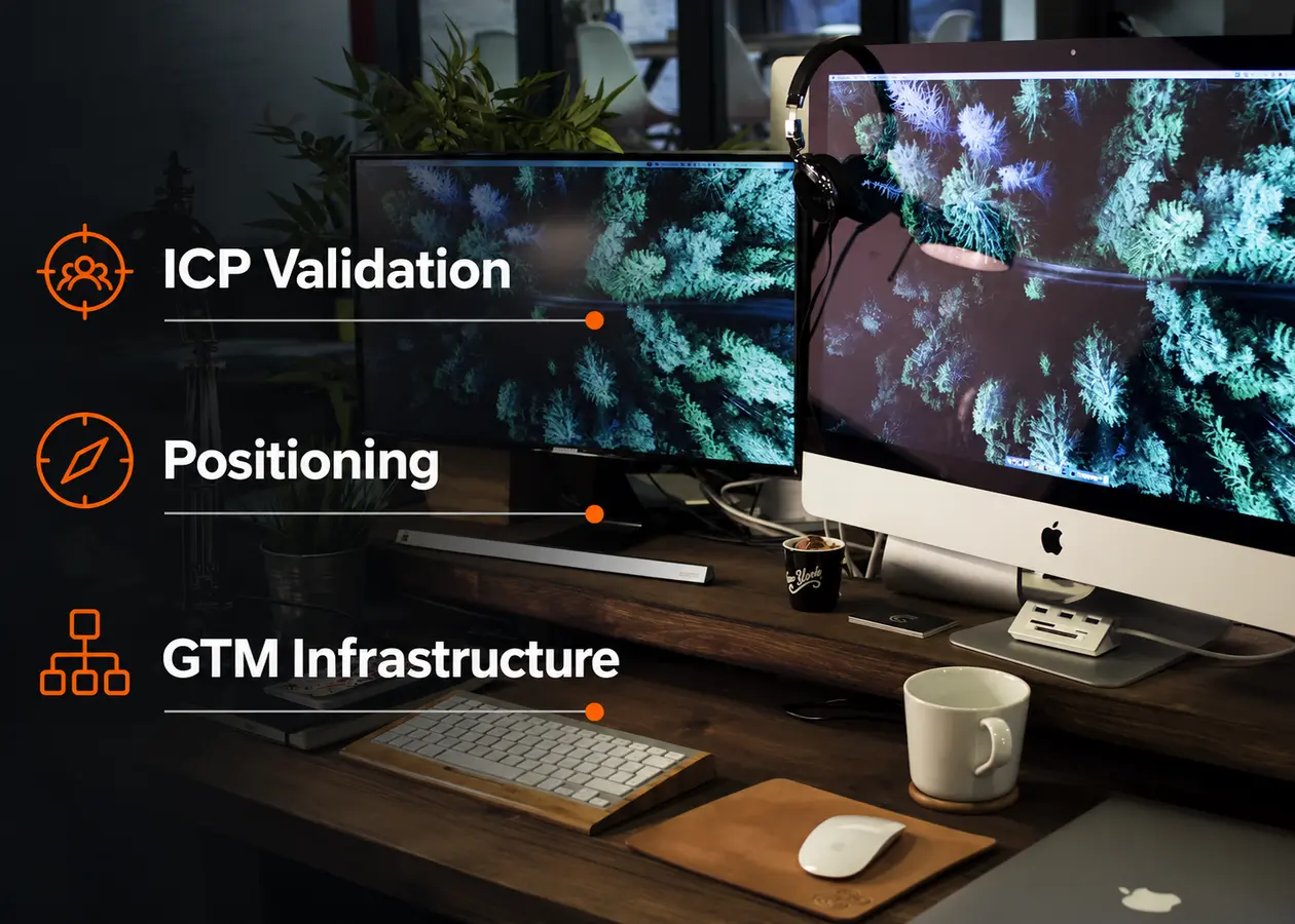 A workspace with two large displays, labelled with the go-to-market groundwork: ICP validation, positioning and GTM infrastructure
