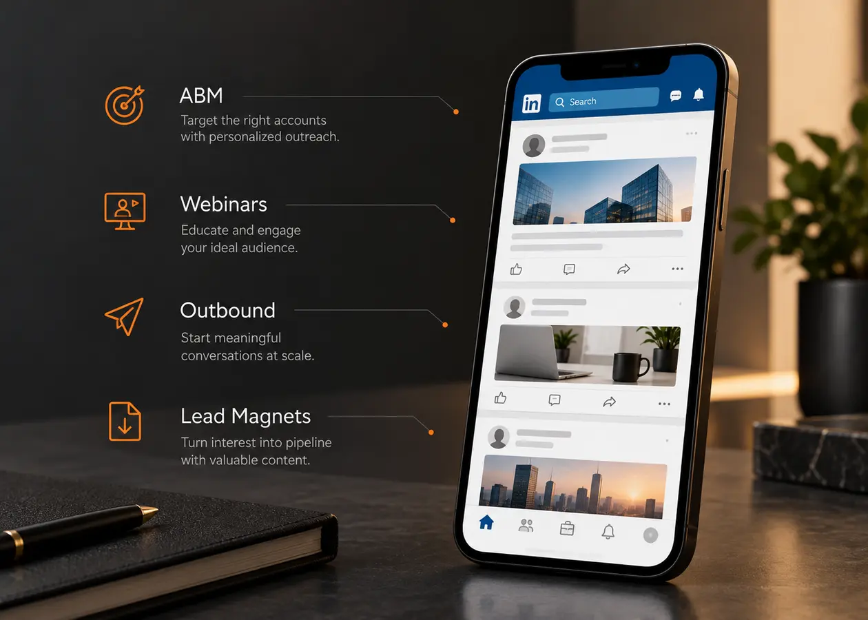 A LinkedIn feed open on a phone, labelled with the B2B channels used: ABM, webinars, outbound and lead magnets