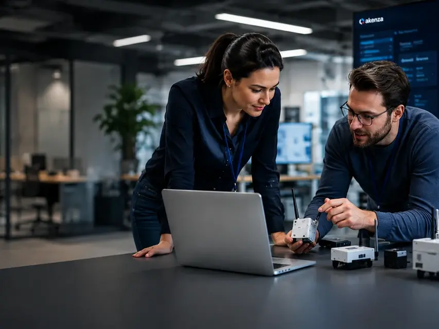Two colleagues reviewing IoT hardware at a laptop