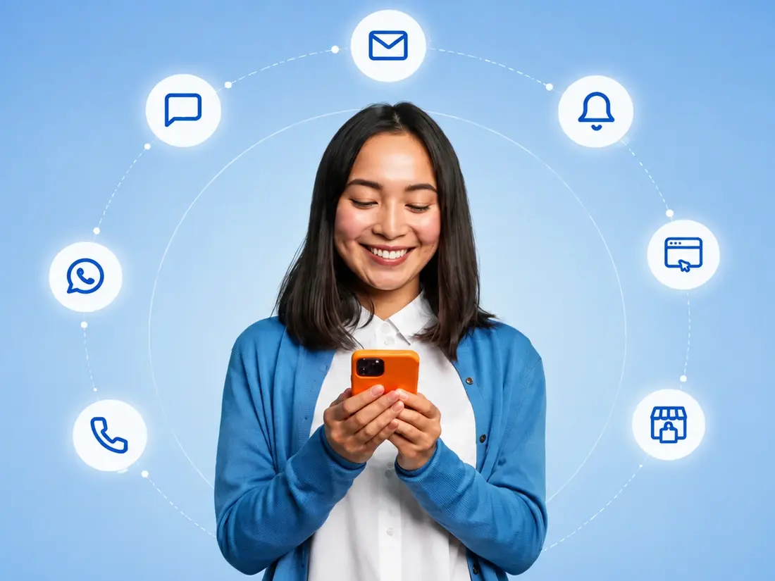 A person using a phone ringed by messaging channel icons