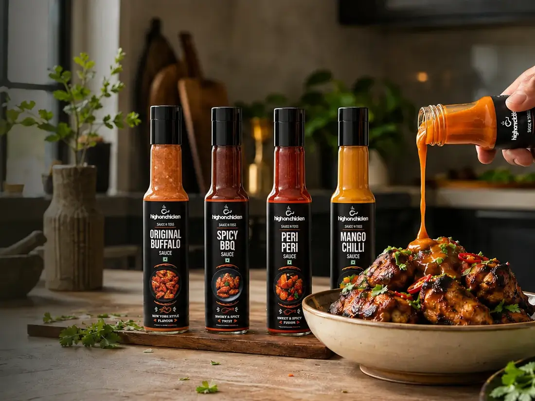 Bottles of sauce beside a bowl of glazed chicken