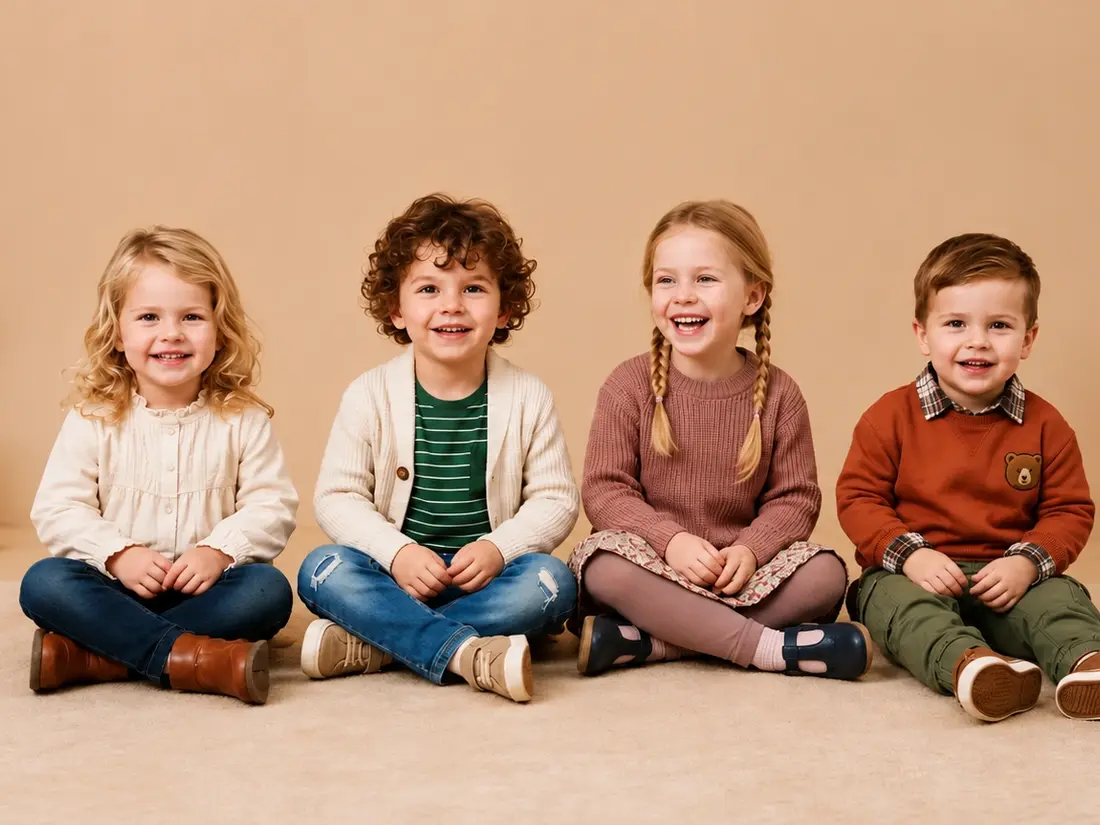 Four young children sitting in a row in knitwear