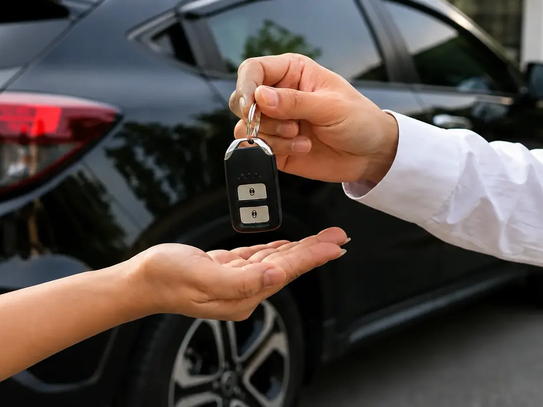 Car keys being handed over beside a parked vehicle