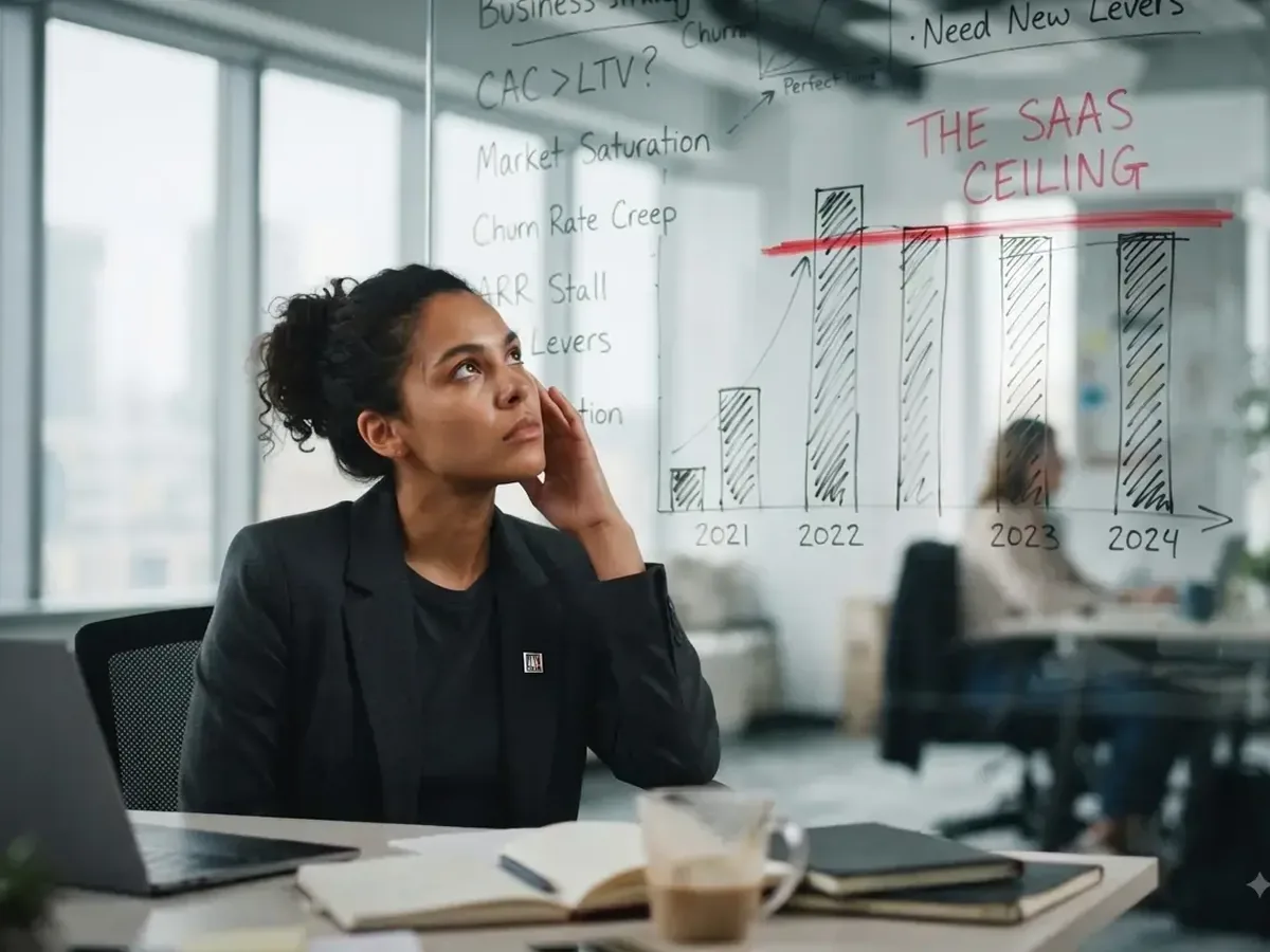 A marketer looking up at a glass wall where a hand-drawn bar chart climbing from 2021 to 2024 is capped by a red line labelled The SaaS Ceiling