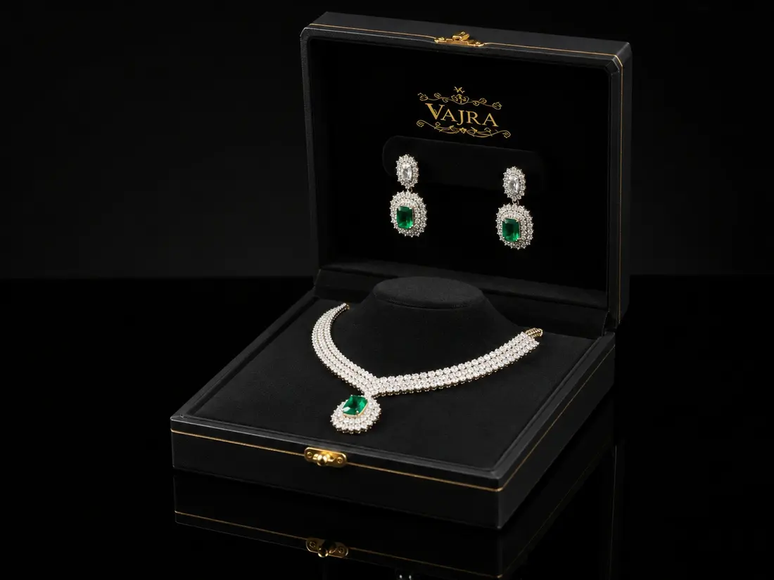 An emerald necklace and earrings in a presentation box