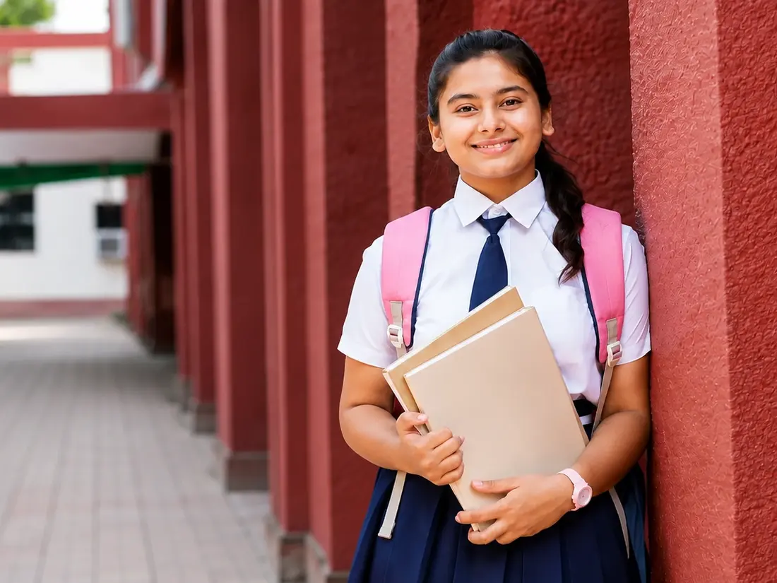 A school student holding books outside a school building