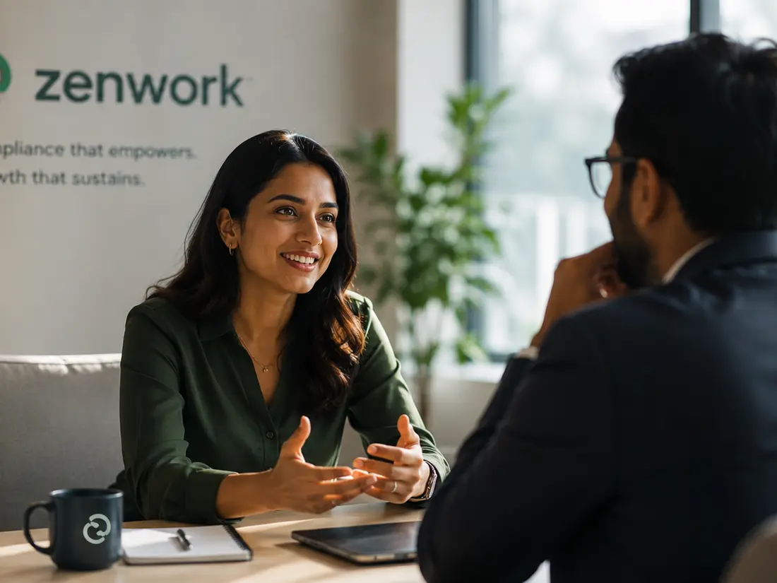 Two colleagues in conversation across a meeting table