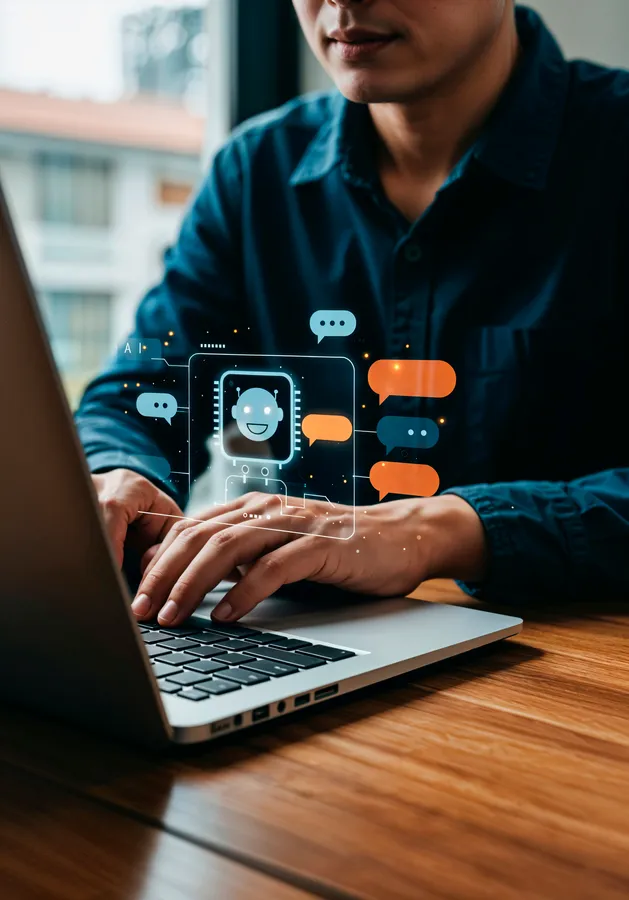 Marketer working on an AI-assisted automation flow on a laptop