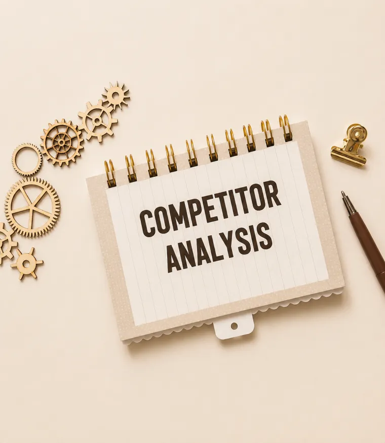 A notebook reading Competitor Analysis beside brass gears