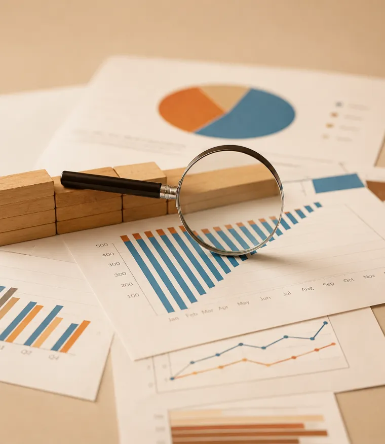 Charts and a magnifying glass over market data on a desk