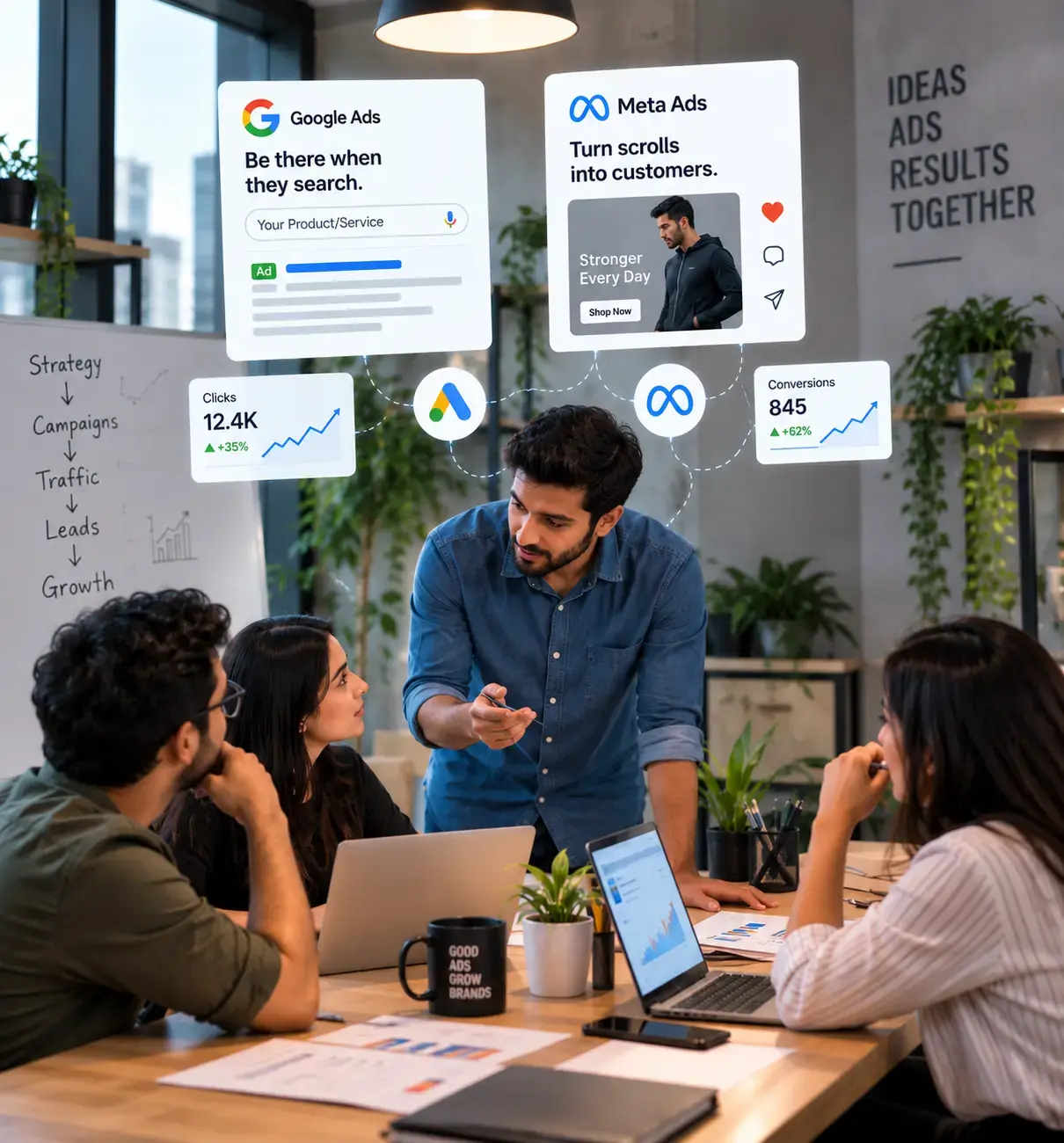 Google Ads and Meta Ads campaign cards above a team reviewing click and conversion charts