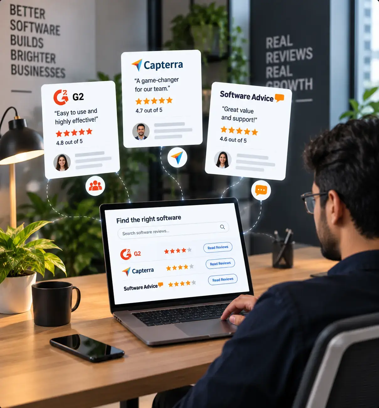 G2, Capterra and Software Advice review cards above a buyer comparing software ratings