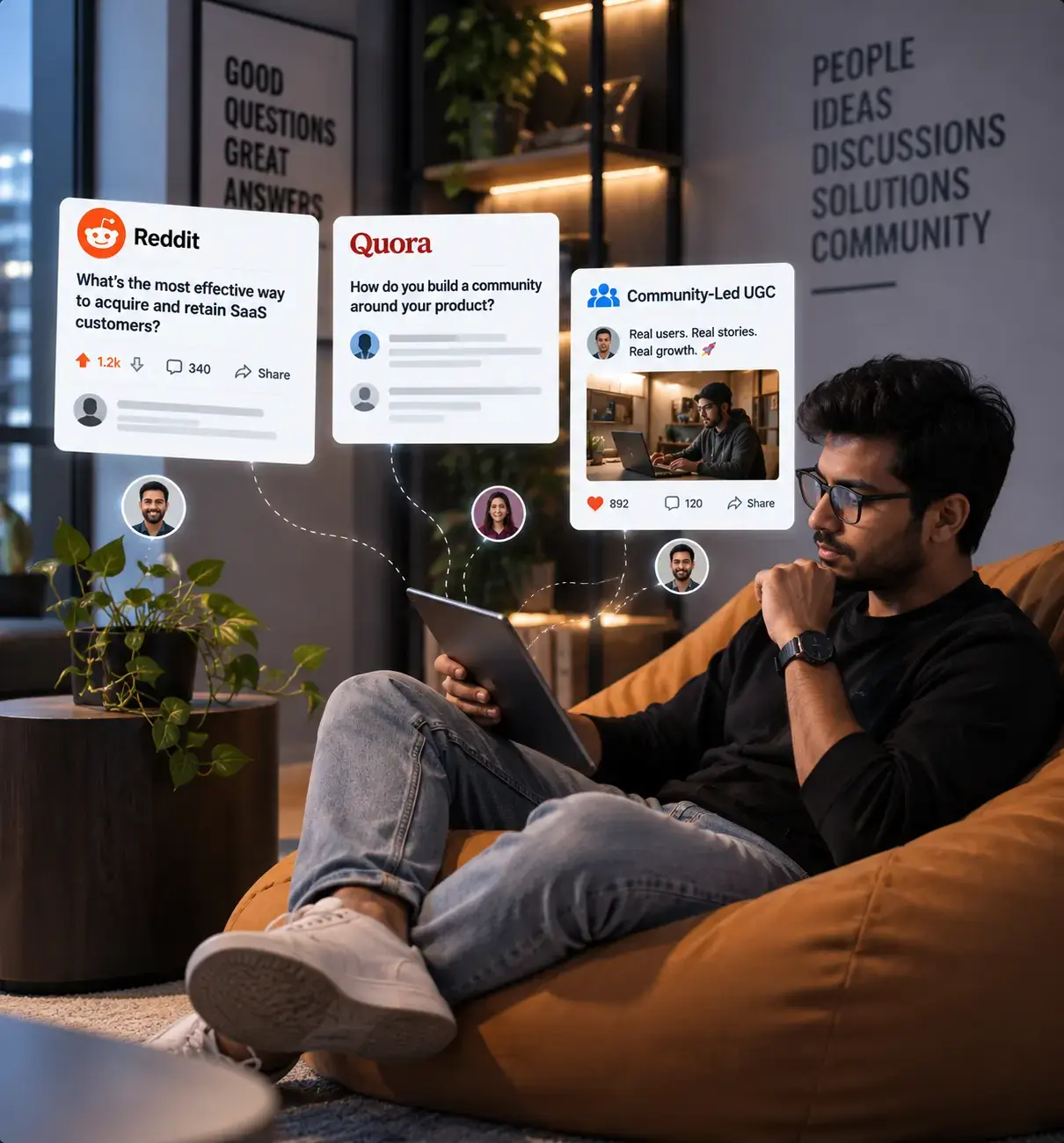 Reddit, Quora and community UGC posts above a reader on a tablet