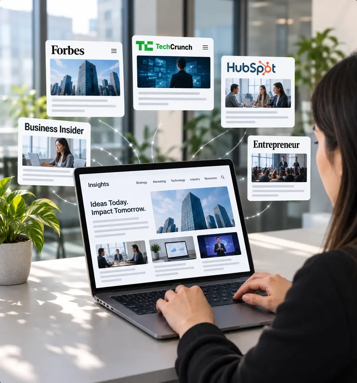 Forbes, TechCrunch, HubSpot, Business Insider and Entrepreneur articles above a publisher content hub