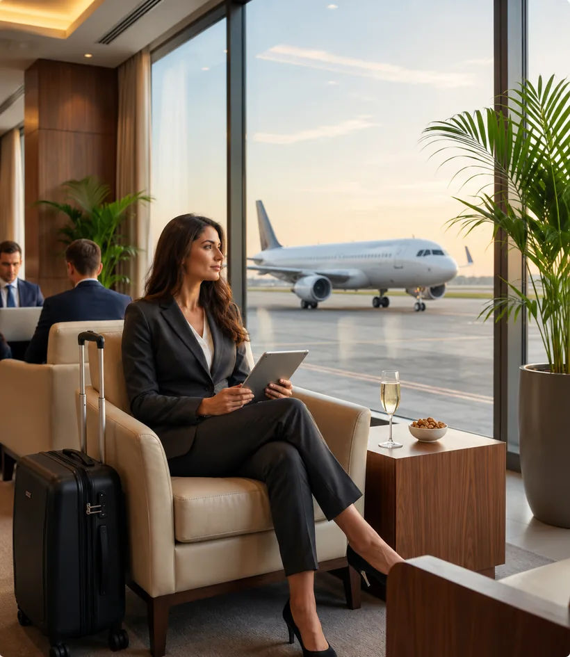 Corporate travel buyer working at an airport lounge