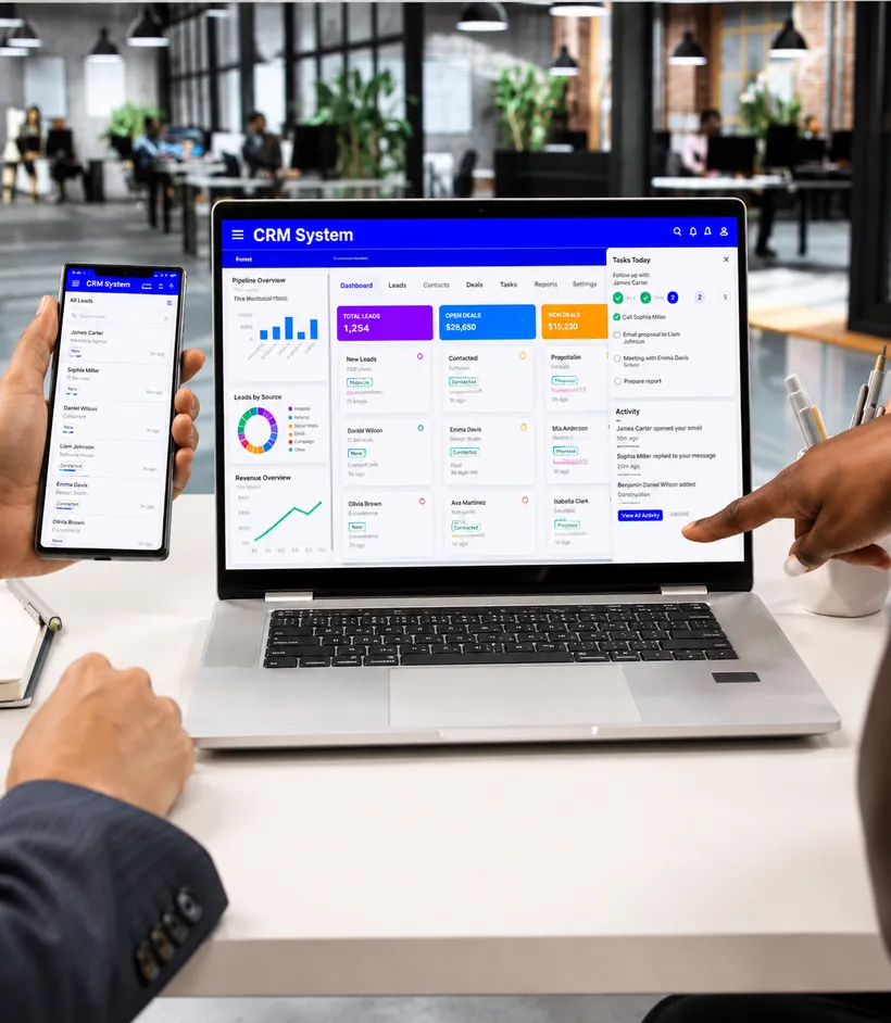Hospitality SaaS buyer reviewing a CRM dashboard