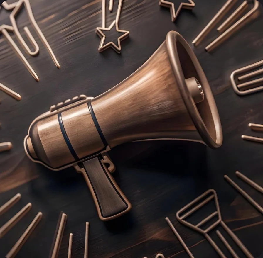 A megaphone ringed by hand-drawn engagement and promotion icons