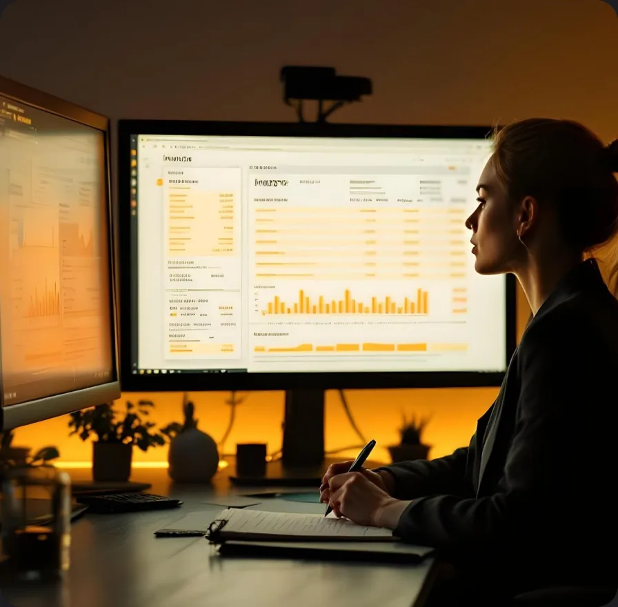 An analyst reviewing funnel and ROI dashboards on dual monitors