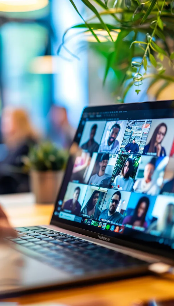 Laptop streaming a webinar to a grid of attendees