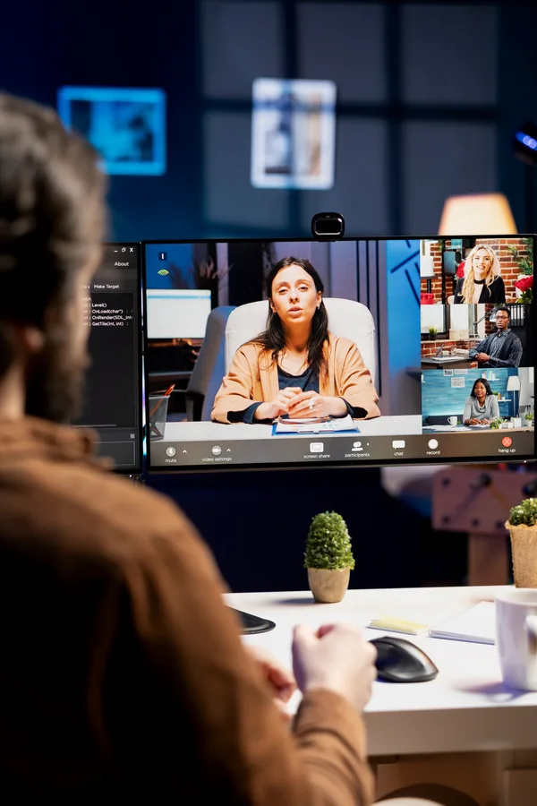 Attendee watching a webinar speaker on a desk monitor