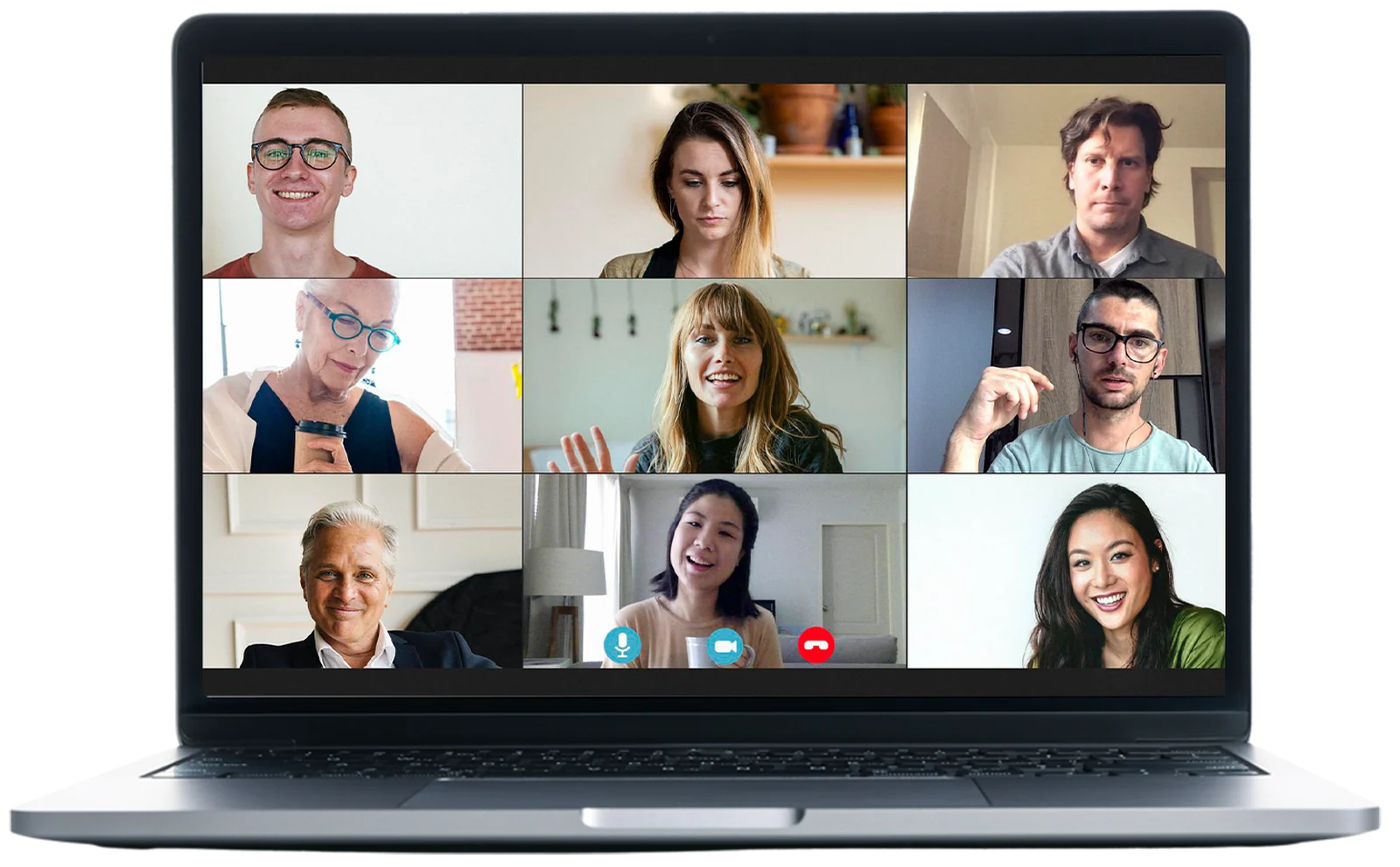 Laptop showing a live webinar with a grid of attendees and a presenter