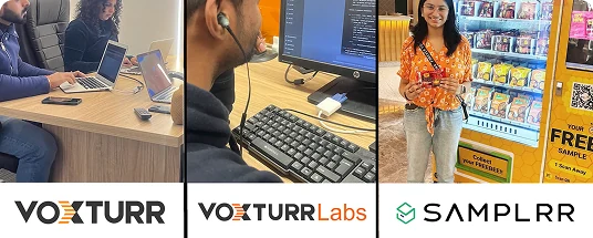 Three-panel collage of the Voxturr, VoxturrLabs and Samplrr teams at work